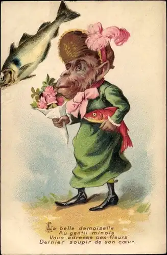 Ak Affe als Frau verkleidet, Blumenstrauß und Fisch im Arm
