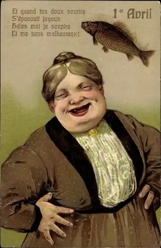 Präge Ak 1. April, 1er Avril, Lachende Frau, Fisch