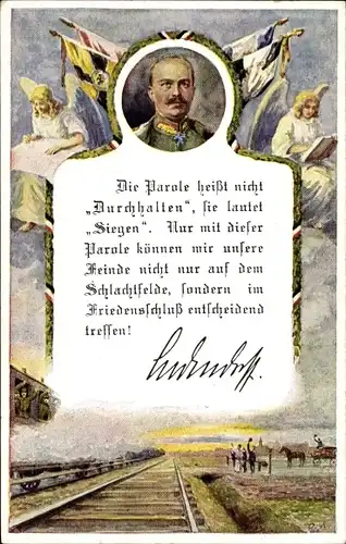 Künstler Ak Generalfeldmarschall Erich Friedrich Wilhelm Ludendorff, Die Parole lautet Siegen