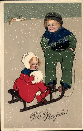 Präge Litho Glückwunsch Neujahr, Kinder mit Schlitten im Schneefall
