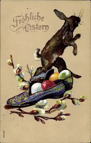 Präge Litho Glückwunsch Ostern, Osterhase, Ostereier, Weidenkätzchen, Pantoffeln