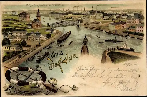 Litho Dortmund im Ruhrgebiet, Hafen des Dortmund Ems Kanal