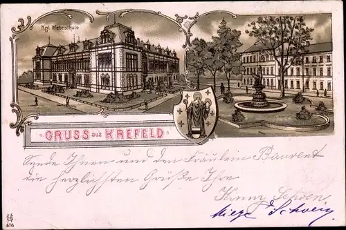 Litho Krefeld am Niederrhein, Kgl. Webeschule, Platz, Brunnen, Wappen