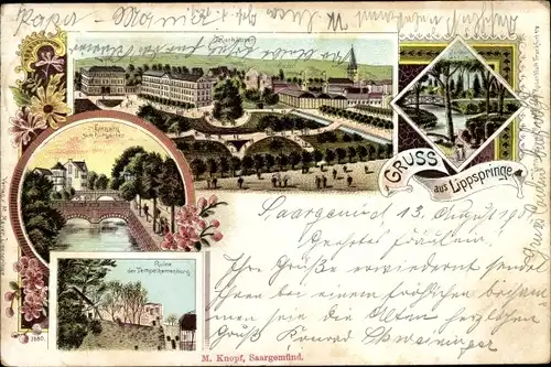 Litho Bad Lippspringe in Westfalen, Kurhäuser, Kurgarten, Ruine