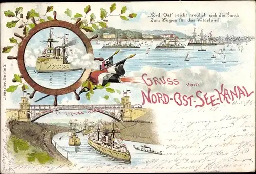 Litho Ak Kiel, Gruß vom Kaiser-Wilhelm-Kanal, Flaggen, Salutschuss, Hochbrücke