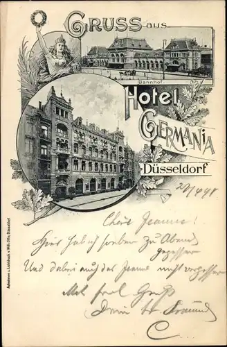Ak Düsseldorf am Rhein, Bahnhof, Hotel Germania