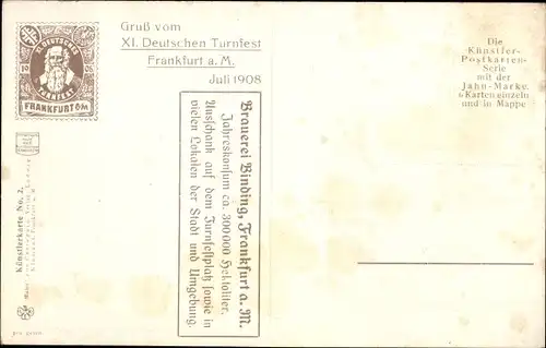 Künstler Ak Frankfurt am Main, XI Deutsches Turnfest 1908, Reiter, Stadtansicht, Jahn Marke