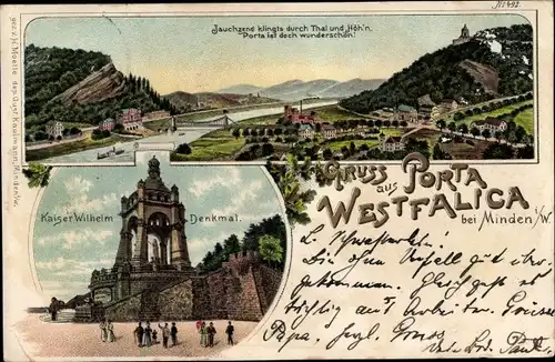 Litho Porta Westfalica in Nordrhein Westfalen, Denkmal Kaiser Wilhelm I., Panorama