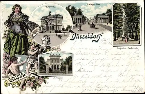 Litho Düsseldorf am Rhein, Kunsthalle, Ratinger Tor, Hofgarten Seufzerallee, Malkasten