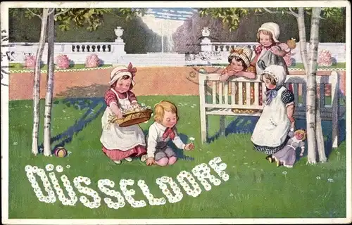 Präge Buchstaben Künstler Ak Düsseldorf am Rhein, Kinder, Blumenwiese