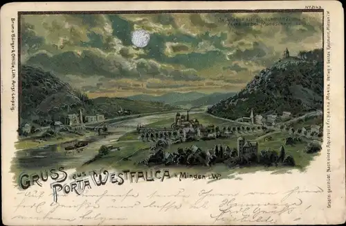 Mondschein Litho Porta Westfalica in Nordrhein Westfalen, Panorama von der Ortschaft, Nr. 2143