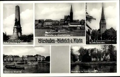 Ak Biebrich am Rhein, Moosburg im Schlosspark, St Marienkirche, Rheinufer, Landesdenkmal