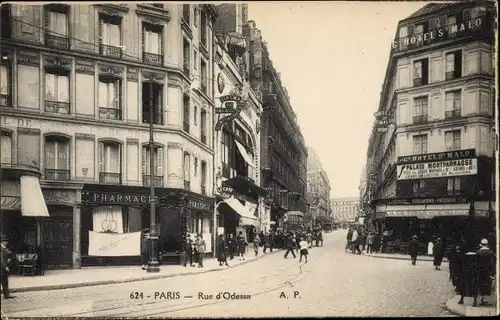 Ak Paris XIV Observatoire, Rue d'Odessa, Pharmacie, Hotel St Malo