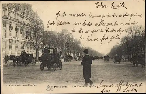 Ak Paris VIII., Paris Vecu, Les Champs Elysees, Kutschen, Automobil