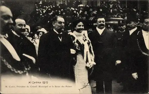 Ak Paris, Mi Careme 1910, Carron, President du Conseil, Elisa Gaillard, Reine des Reines