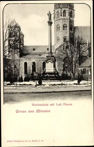 Ak Münster in Westfalen, Mariensäule mit Ludgerusturm