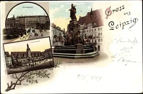 Litho Leipzig in Sachsen, Reichsbank, Rathaus, Sieges-Denkmal