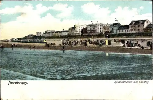 Ak Norderney in Ostfriesland, Kaiserstraße vom Seesteg, Strand