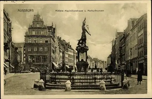 Ak Augsburg in Schwaben, Mittlere Maximilianstraße und Merkurbrunnen