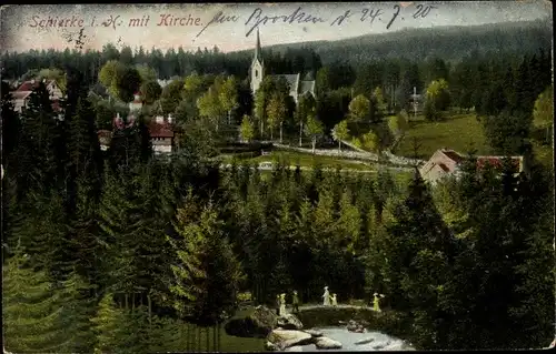 Ak Schierke Wernigerode am Harz, Teilansicht, Kirche, Wald