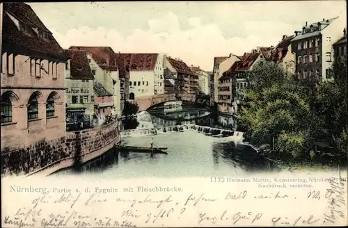 Ak Nürnberg in Mittelfranken, Partie a. d. Pegnitz mit Fleischbrücke