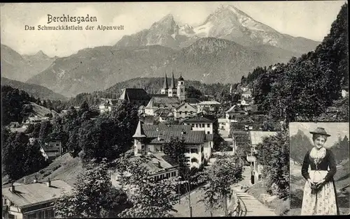 Ak Berchtesgaden in Oberbayern, Das Schmuckkästlein der Alpenwelt, Ort, Frau in Tracht