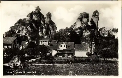 Ak Tüchersfeld Pottenstein in Oberfranken, Teilansicht vom Ort, Felspartie