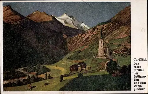 Künstler Ak Heiligenblut am Großglockner in Kärnten, Das obere Mölltal, Blick auf den Ort, Kirche