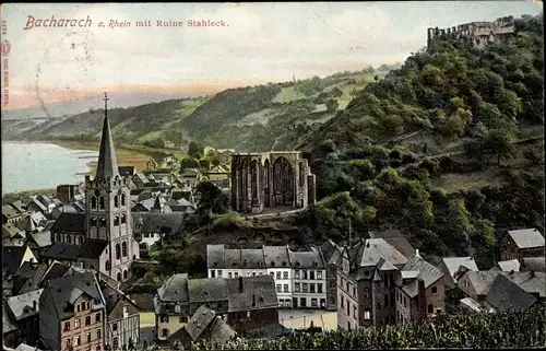 Ak Bacharach am Rhein, Teilansicht mit Ruine Stahleck