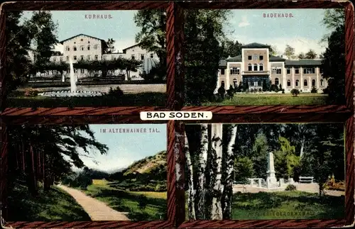Ak Bad Soden Salmünster in Hessen, Kurhaus, Badehaus, Kriegerdenkmal, Altenhainer Tal