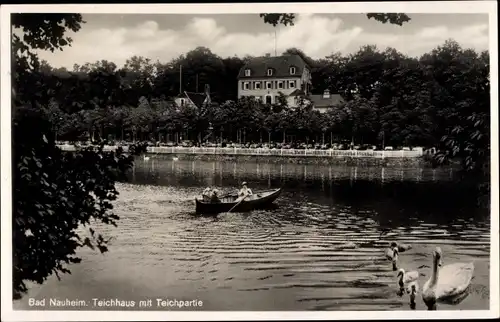 Ak Bad Nauheim in Hessen, Teichhaus mit Teichpartie, Schwäne, Ruderboot