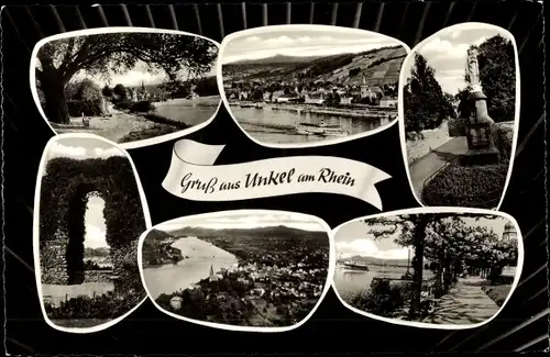 Ak Unkel am Rhein, Flusspartie, Promenade, Säule, Totalansicht
