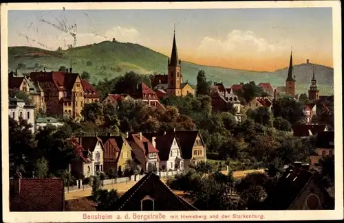 Ak Bensheim an der Bergstraße in Hessen, Blick auf den Ort mit Hemsberg und der Starkenburg