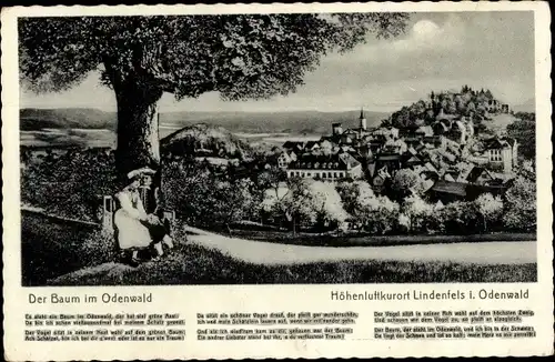 Gedicht Ak Lindenfels im Odenwald, Panorama, Liebespaar am Baum