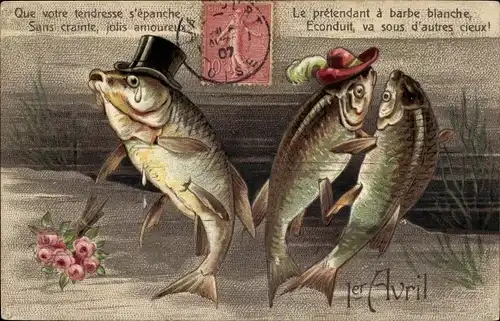 Ak 1 April, 1er Avril, Vermenschlichte Fische, weinender Fisch