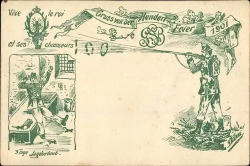 Litho Hundert-Feier, Vive le roi et ses chasseurs, Schießender französischer Soldat