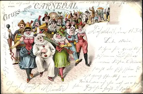 Litho Karneval, Festzug, Menschen in Karnevalkostümen