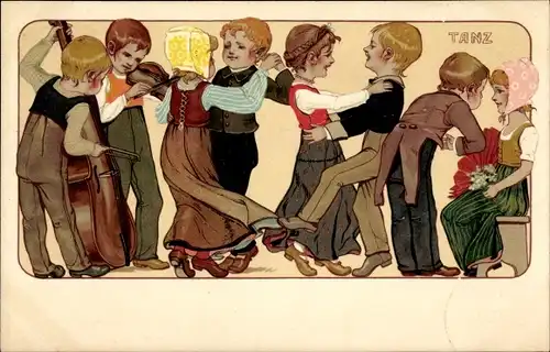 Ak Tanzende Kinder in Tracht, Kontrabass