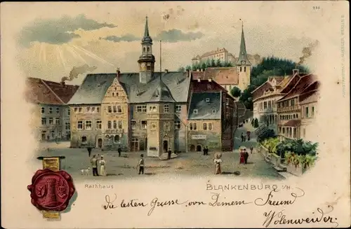 Litho Blankenburg am Harz, Rathaus mit Marktplatz, Siegel