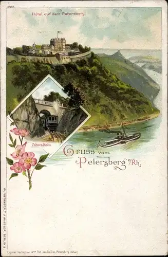 Litho Königswinter am Rhein, Hotel auf dem Petersberg, Zahnradbahn