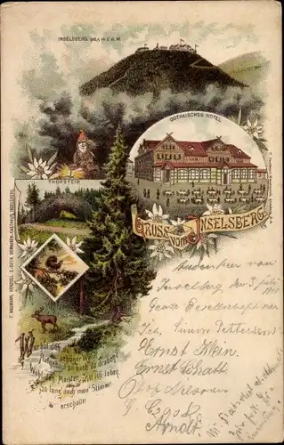 Litho Brotterode Trusetal in Thüringen, Inselsberg, Gothaisches Hotel, Zwerg, Torstein, Auerhahn