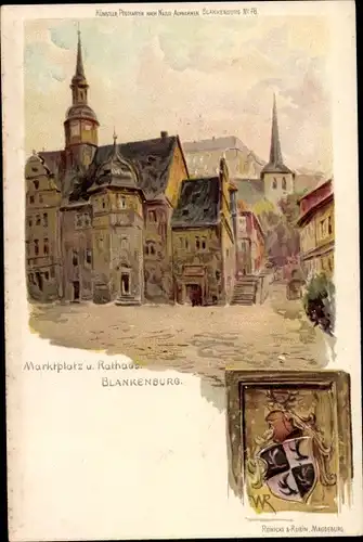 Ak Blankenburg am Harz, Marktplatz und Rathaus, Wappen