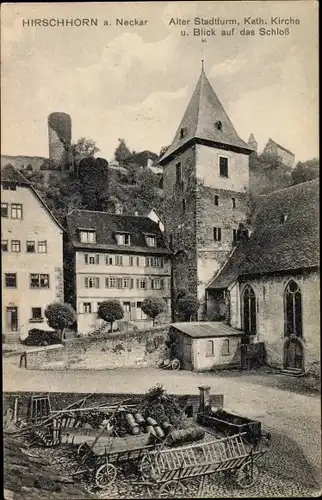 Ak Hirschhorn am Neckar Hessen, alter Stadtturm, Kath. Kirche, Schloss
