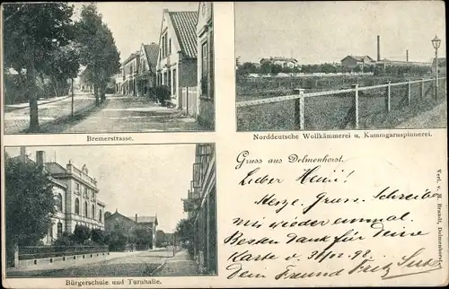 Ak Delmenhorst, Bürgerschule, Turnhalle, Bremerstraße, Nordd. Wollkämmerei, Kammgarnspinnerei