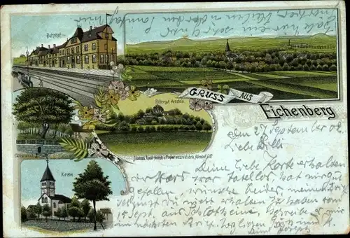Litho Neu Eichenberg Hessen, Bahnhof, Totalansicht, Kirche, Carlsbrunnen, Rittergut Arnstein
