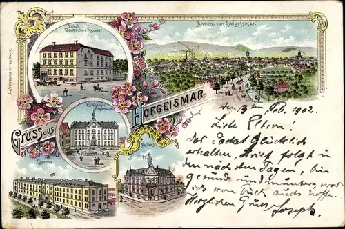 Litho Hofgeismar in Nordhessen, Hotel Deutscher Kaiser, Postamt, Rathaus, Kaserne, Panorama