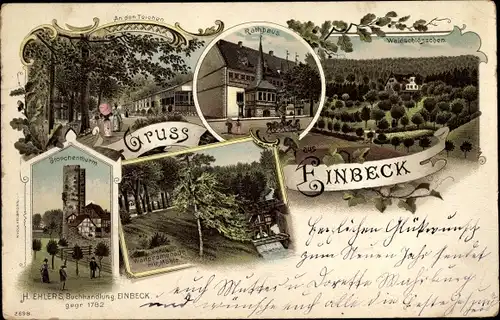 Litho Einbeck am Harz, Mühle, Storchenturm, Gasthof Teiche, Waldpromenade, Rathaus, Waldschlösschen