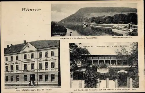 Ak Höxter an der Weser, Hotel Reichspost, Veranda, Ziegenberg, Damperanlegeplatz