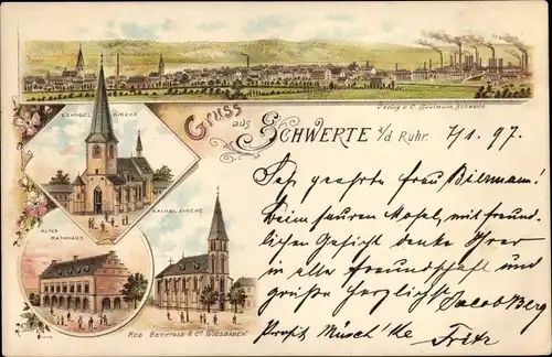 Litho Schwerte an der Ruhr, Gesamtansicht, Evgl. Kirche, Kath. Kirche, Altes Rathaus