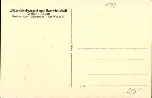 Ak Weiler Simmerberg im schwäbischen Kreis Lindau Bodensee, Weizenbierbrauerei Adolf Wiedemann